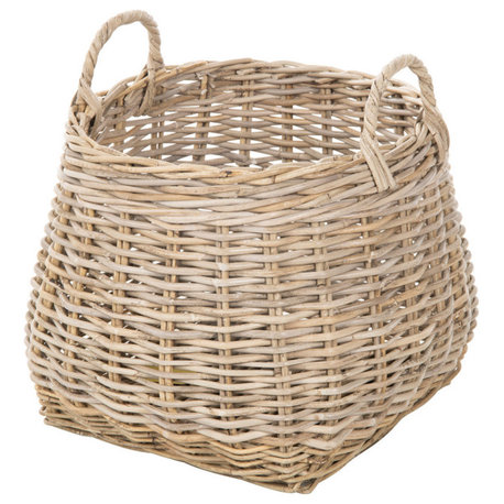 Kobo Round Rattan Belly Basket with Ear Handles, Gray-Brown