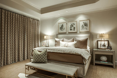 Bedroom - mid-sized transitional master dark wood floor bedroom idea in Dallas with beige walls and no fireplace
