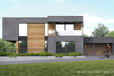 Свежая идея для дизайна: двухэтажный, серый частный загородный дом среднего размера в современном стиле с комбинированной облицовкой, плоской крышей и зеленой крышей - отличное фото интерьера