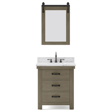 Aberdeen Carrara Marble Countertop Vanity in Grizzle Gray with Barn Mirror