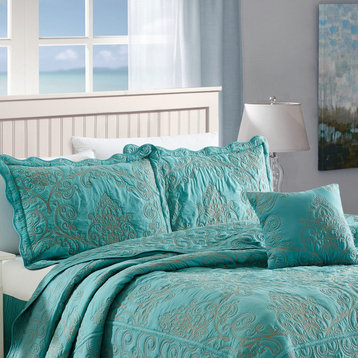 Damask Embroidered Quilted 4 Piece Bed Spread Sets, Teal, King