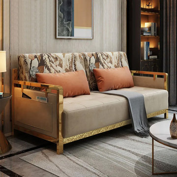 Modern Convertible Full Sleeper Gold Metal Beige Upholstered Sofa Bed