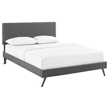 Macie Queen Upholstered Fabric Platform Bed With Round Splayed Legs, Gray