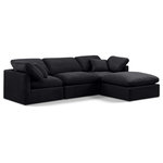 Meridian Furniture - Indulge Upholstered Modular L-Shaped Sectional, Black, 4-Piece: 1 Armless Chair, 2 Corner Chair, 1 Ottoman, Down Stuffed Velvet - Experience ultimate comfort and style with our black velvet Indulge Sectional. The luxurious velvet will elevate the aesthetic of any room. This sofa provides ample space for you to relax while its modular build offers the option of unlimited configurations. Whether you're looking to add a stylish element to your living room or a comfortable seating option to your bedroom, this sofa is the perfect choice.