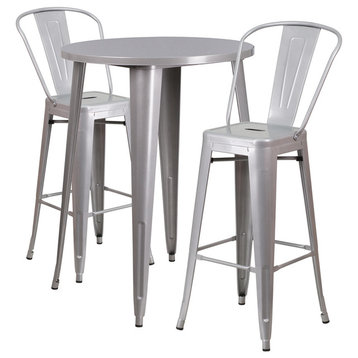 30" Round Silver Metal Indoor-Outdoor Bar Table Set With 2 Cafe Barstools
