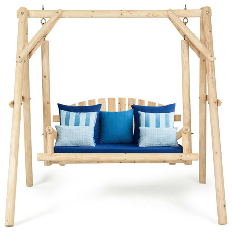 Costway Wooden Porch Swing Outdoor Patio Rustic Log Curved Back Bench A-Frame