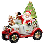 COSMOS GIFTS CORP. - Tabletop Santa Delivery Cookie Jar Christmas Car 10631. - Santa Dressed In His Red Suit Is Waving As He Rides By In His White Convertible. The Back Is Loaded With Wrapped Presents Ready For Delivery! Instead Of Pulling This Time He Has Two Reindeer Riding Along With Him. One Is Sitting Next To Him And The Other Is Riding On The Hood! The White Car Has Red Bumpers, Criss-Cross Candy Canes On The Front Grill, And The Tires Are Accented With Holly And Red Berries. Two Green Christmas Tree Dishes Are Included To Serve The Cookies!