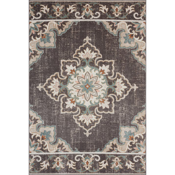 Rustic Transitional Medallion Woven Indoor Outdoor Rug, 5'3"x7'10"