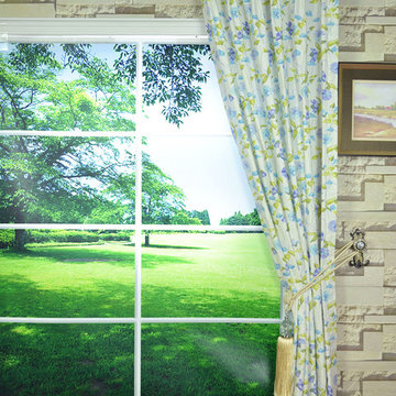 Daisy Chain Double Pinch Pleat Printed Cotton Curtain Carolina Blue Color