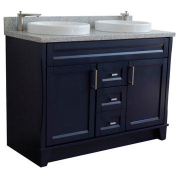 48" Double Sink Vanity, Blue Finish With Gray Granite And Round Sink