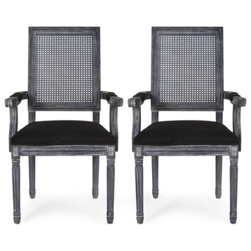 Zentner Wood and Cane Upholstered Dining Chair, Black + Gray, Set of 2