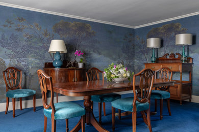 Design ideas for a traditional dining room in Edinburgh with multi-coloured walls, carpet and wallpapered walls.