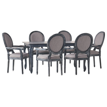 Comisky French Country Fabric Upholstered Wood Expandable 7-Piece Dining Set, Gray