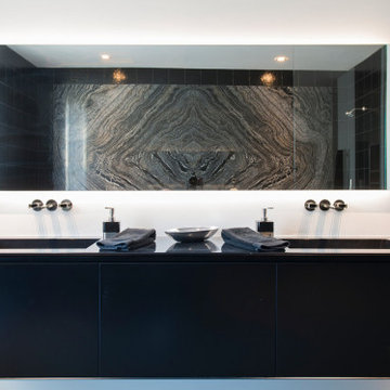 Georgina Avenue Santa Monica luxury home modern all black primary bathroom sinks