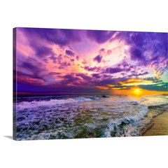 Pink Sunset Beach With Rainbow And Ocean Waves Wall Art, Canvas Prints,  Framed Prints, Wall Peels