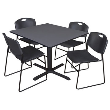 Cain 48" Square Breakroom Table- Grey & 4 Zeng Stack Chairs- Black