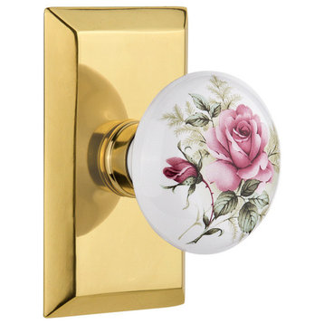 Studio Plate Privacy White Rose Porcelain Knob, Polished Brass