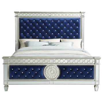 ACME Varian Queen Upholstered Panel Bed in Blue Velvet and Mirrored