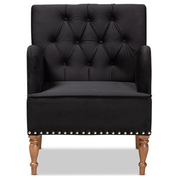 Eri Contemporary Glam and Luxe Black Velvet Walnut Brown Finished Wood Armchair