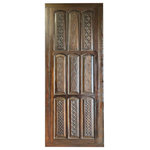 Mogul Interior - Consigned Vintage Dark Woods Carved Sliding Barn Doors Farmhouse Door 103 - These vintage carved doors bring rustic charm and vintage elegance to any space. Crafted from reclaimed wood, each door showcases intricate hand-carved details that tell a story of heritage and craftsmanship. Perfect for a farmhouse pantry door, closet, or as a custom sliding door, these versatile pieces can transform your space with character and warmth. Whether used as a statement room divider or functional accent, their weathered finish and unique carvings create an inviting and stylish focal point. These reclaimed wooden doors are ideal for adding personality and sustainability to your home design.