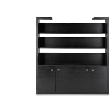 74.75” Modern Madison Black Oak Wood Shelf Open Shelving Display Hidden Storage