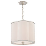 Hudson Valley Lighting - Sweeny, 15-inch  Pendant, Polished Nickel Finish, White Faux Silk Shade - With gently bowed sides and a soft neutral tone, Sweeny's fabric shade invokes the welcoming minimalism of modern design. Decorative canopies mirror the shade's seashell curves, while egg-shaped chain-links and finials further the exploration of organic form. We complete the fixtures with a plate glass diffuser that ensures Sweeny looks great from every angle.