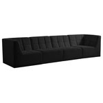 Meridian Furniture - Relax Velvet Upholstered 4-Piece Modular Sofa, Black - Bolster a contemporary vibe in your living room with this Relax black modular sofa. Soft black velvet upholstery offers delicate comfort, making this sofa cozy for anyone who sits in it. Biscuit tufting gives this sofa texture and a modern style, adding extra comfort and elegance to your living space. It's modular design allows you to create infinite configurations, making it a versatile piece to add to your home. A latch underneath the sofa makes it easy to attach to other pieces.