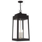 Livex Lighting - Livex Lighting Black 4-Light Outdoor Pendant Lantern - This updated industrial design comes in a tapering solid brass black frame with a sleek, straight-lined look. Clear glass panels offer a full view of the brushed nickel accents, that will house the bulb of your choice.