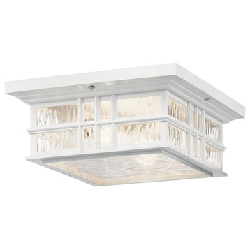 Beacon Square 2 Light Outdoor Ceiling Light in White with Clear Hammered Glass