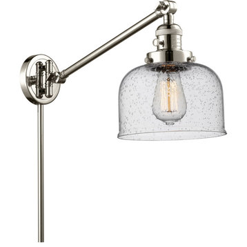 Large Bell 1 Light Swing Arm or Wall Lamp, Polished Nickel, Seedy Glass, 12"