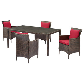 Modern Outdoor Patio Furniture Dining Chair and Table Set, Rattan Wicker, Red