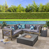 GDF Studio 7-Piece Cytheria Outdoor Sectional Acacia Wood Sofa Set With Fire Pit, Gray Finish/Dark Gray