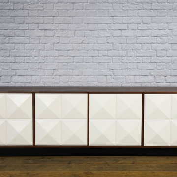 Modern Credenza with white doors. Walnut mid century modern console. Modern side