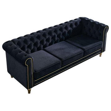 Chesterfield Sofa, Cushioned Velvet Seat With Tufted Back & Rolled Arms, Black