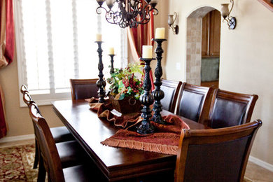 Enclosed dining room - large traditional ceramic tile enclosed dining room idea in Phoenix with white walls and no fireplace