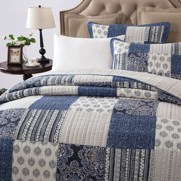 Bohemian Denim Blue Floral Elegance Patchwork Quilted Coverlet Bedspread Set, Qu