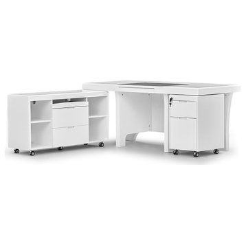 70” Modern Quincy White Matte Lacquer Desk Rolling Return Storage Keyboard Tray
