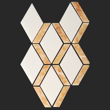 Thassos White Marble and Honey Onyx Mix Diamond Waterjet Tile Mosaic
