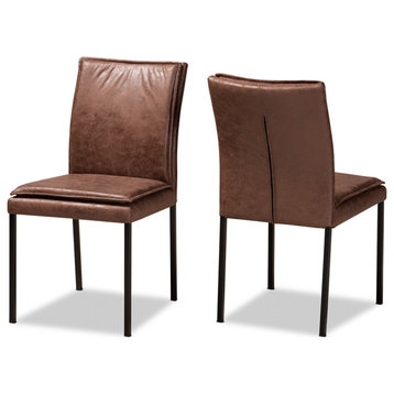 Modern Distressed Brown Fabric Upholstered Metal 2-Pc Dining Chair Set