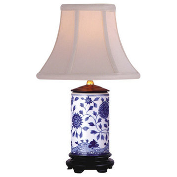 Flowers Porcelain Cylinder Table Lamp, Blue and White