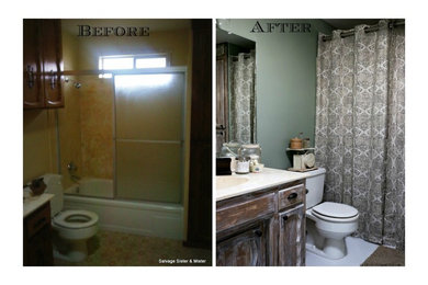 Small country linoleum floor bathroom photo in Other with distressed cabinets and green walls