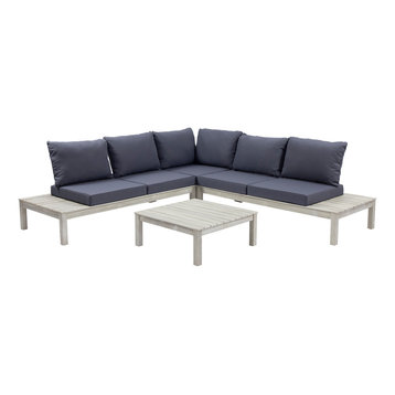 5-Seater V Shaped Acacia Sectional Sofa Set With Cushions, Weathered Gray
