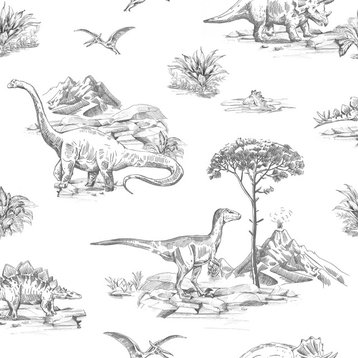 Isolde Charcoal Dinosaurs Wallpaper, Swatch