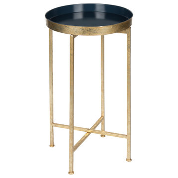 Kate and Laurel Celia Round Metal Foldable Tray Accent Table, Gold and Navy Blue