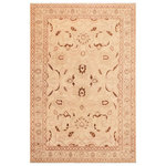 Bareens Designer Rugs - Shabby Chic Ziegler Juana Beige Brown Hand-Knotted Wool Rug - 10'1'' x 13'4'' - Enhance the ambiance of your home with this magnificent Persian-influenced Turkish hand-knotted rug made by skilled artisans capable of creating the most exceptional vegetable dyes and hand-spun wool. This exquisite handmade rug is a one-of-a-kind Peshawar Kafkaz, otherwise identified as Chobi, Chobi Peshawar, Oushak, or Ziegler rug. These handmade rugs are crafted in Pakistan utilizing superior-quality wool imported from Australia, New Zealand, and Korea in two types of weaves: the Persian weave and the Mori weave. This rug is meticulously crafted by hand using the finest natural vegetable dyes extracted from local plants. The artisans use a blend of hand-spun local and fine merino wool, resulting in a rug with a compelling texture, higher lanolin content, and longer staple. The artisans occasionally incorporate natural or artificial silk into the pile to enhance specific motifs. The finished product is an awe-inspiring execution of flawless design and an understated palette that exudes elegance.