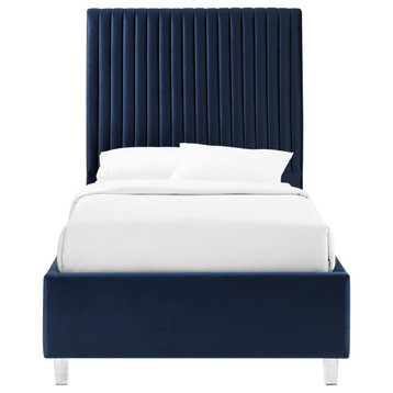 Inspired Home Shemar Bed, Velvet Upholstered Deep Channel Tufted, Navy, Twin Xl