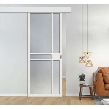 Industrial Loft Style Sliding Barn Door With Glass & Panels , 30"x81", Frosted, Primed (Unfinished)