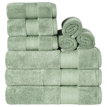 9 Piece Luxury Cotton Face Hand Bath Towel Set, Olive Green