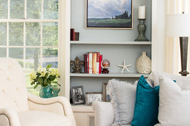 Example of a transitional living room design in Portland Maine