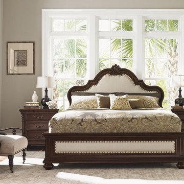 Barcelona Upholstered Panel Bed With Nailheads And Shell-And-Scroll Carved Headb
